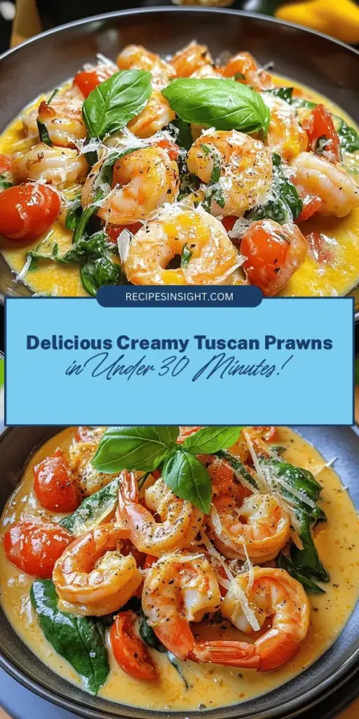 Discover the deliciousness of Creamy Tuscan Prawns with this easy recipe that combines succulent prawns in a rich, creamy sauce with vibrant spinach and cherry tomatoes. Perfect for any occasion, this dish is not only quick to prepare but also versatile, serving beautifully over pasta or with crusty bread. Bring a taste of Italy to your kitchen and impress your loved ones with this flavorful delight. #TuscanPrawns #SeafoodRecipe #ItalianCuisine #EasyDinner #YummyFood #Foodie #PastaLove #DinnerIdeas