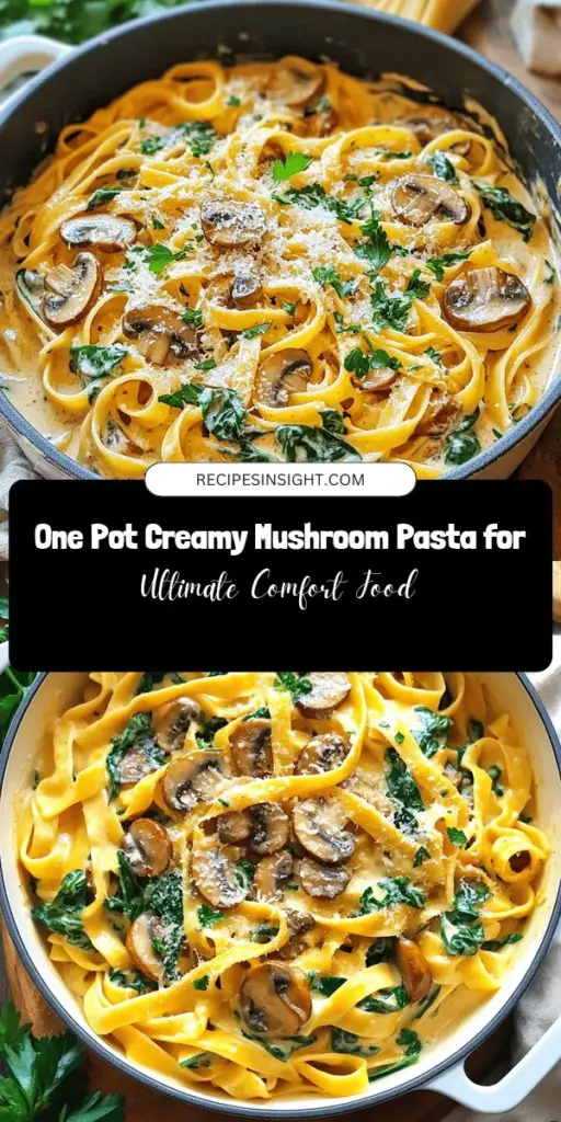 Looking for a delicious and comforting meal? Try our One Pot Creamy Mushroom Pasta! This easy recipe combines fettuccine, earthy mushrooms, and a luscious creamy sauce, all cooked in one pot for minimal cleanup. Perfect for busy weeknights or special occasions, it's packed with flavors that will warm your heart. Add some spinach and Parmesan for a nutritious twist. Your taste buds will thank you! #OnePotPasta #MushroomPasta #ComfortFood #QuickMeals #PastaLovers #HealthyEating