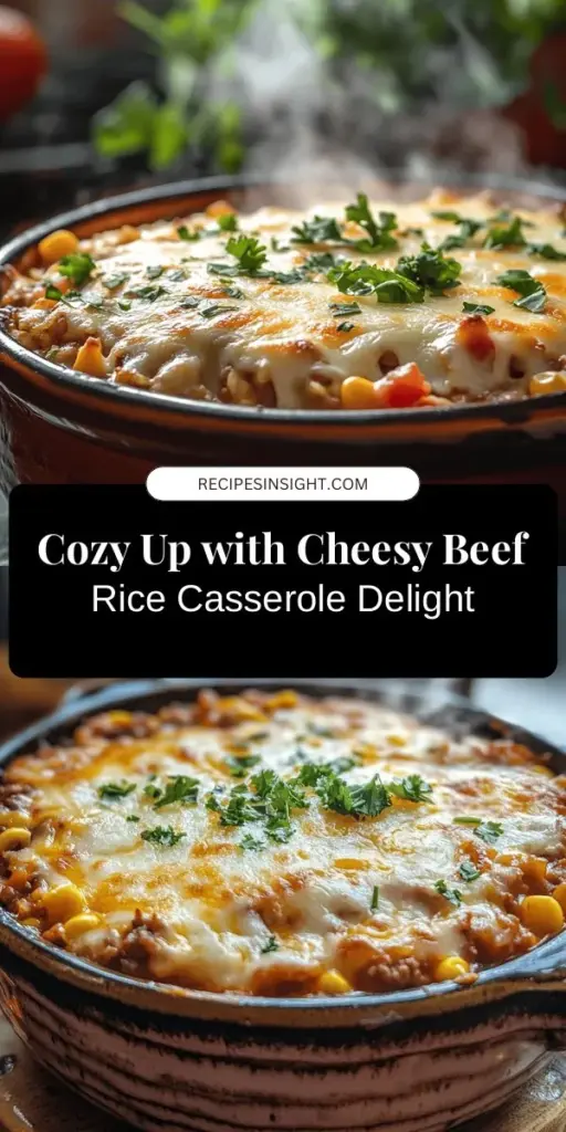 Warm up your chilly evenings with this Hearty Cheesy Beef Rice Casserole! Packed with tender ground beef, fluffy rice, and a blend of melty cheeses, every bite is a comforting hug for your taste buds. This easy-to-make dish combines the richness of beef with the creamy texture of melted cheese, making it perfect for family dinners or cozy nights in. Try it tonight and enjoy the delightful flavors! #Casserole #ComfortFood #CozyNights #CheesyGoodness #EasyRecipes