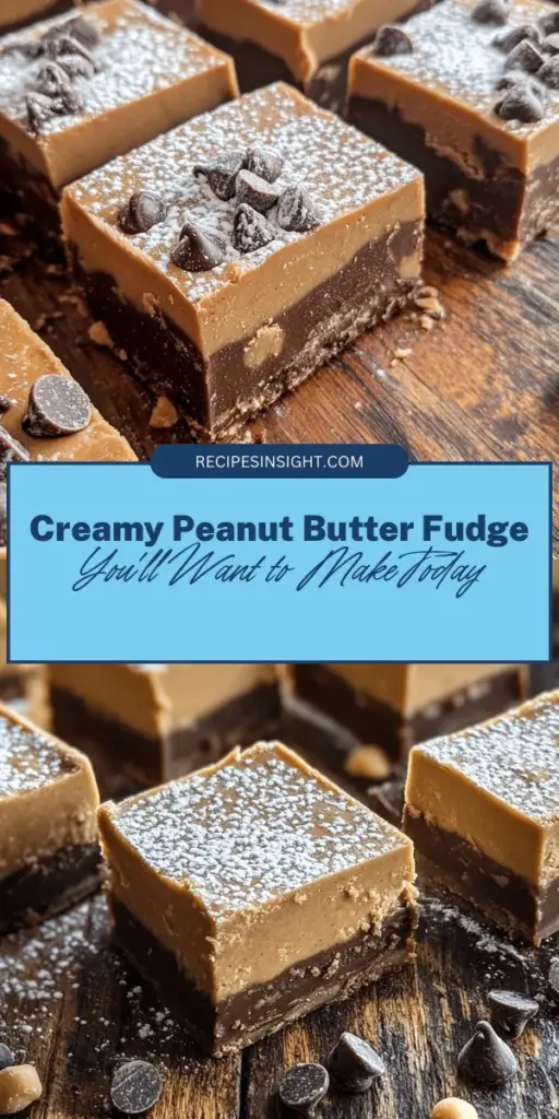 Discover the joy of homemade creamy dreamy peanut butter fudge with this irresistible recipe! Combining creamy peanut butter, powdered sugar, and a hint of cocoa, this treat is perfect for any occasion. Easy to make and utterly delicious, it's a must-try for dessert lovers. Add in nuts or chocolate chips for a personal twist! Indulge in the comfort of this classic confection and impress your family and friends. #PeanutButterFudge #DessertRecipe #HomemadeTreats #Sweets #BakingFun #FudgeLovers