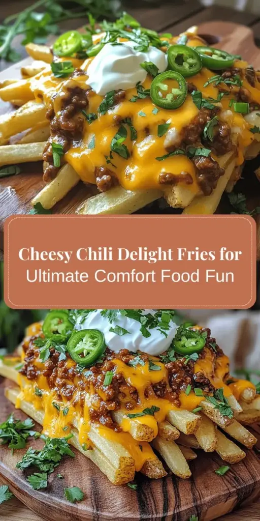 Indulge in the ultimate comfort food with Cheesy Chili Delight Fries! Crispy russet potatoes topped with spicy chili, melted cheddar cheese, and a dollop of sour cream create a delicious layered experience. Perfect for a snack or a main course, this customizable dish is easy to make at home. Get ready to impress your friends and family with this hearty treat! Try different toppings and enjoy your gourmet creation! #ComfortFood #CheesyFries #Foodie #CookingAtHome #Fries #ChiliDish