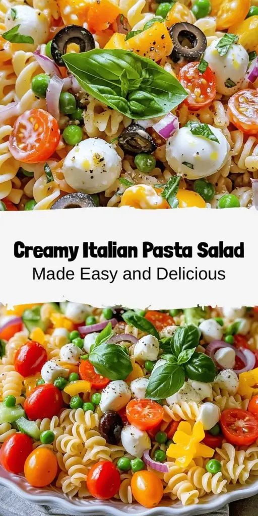 Celebrate the vibrant flavors of summer with a creamy Italian pasta salad! This easy-to-make dish combines fresh vegetables, hearty pasta, and a luscious dressing, making it perfect for any occasion—from BBQs to potlucks. With ingredients like rotini, mozzarella, and sweet cherry tomatoes, each bite is a delightful experience. Impress your friends and family with this crowd-pleaser that's colorful, nutritious, and incredibly satisfying! #ItalianPastaSalad #SummerEats #EasyRecipes #PastaLove #FoodieDelight