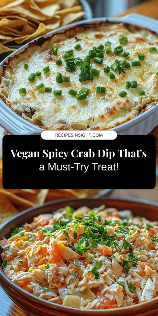 Discover a delicious twist on a classic favorite with Vegan Spicy Crab Dip! This plant-based dip mimics the creamy, indulgent texture of traditional crab dip while being completely dairy-free and packed with nutrition. Made with artichoke hearts, hearts of palm, and raw cashews, it's perfect for parties or as a tasty snack. Easy to prepare and full of flavor, it’s a crowd-pleaser for everyone. Try this guilt-free delight today! #VeganRecipes #PlantBased #CrabDip #HealthySnacking #ComfortFood