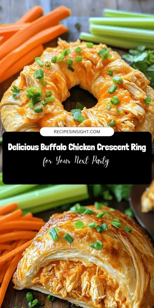 Looking for the perfect appetizer for your next gathering? Try this Buffalo Chicken Crescent Ring! Combining spicy buffalo chicken with flaky crescent dough, it's a crowd-pleaser that’s easy to make and delicious to eat. Perfect for game days or parties, this dish allows for customization with your favorite cheeses or spices. Serve it up with fresh veggies and dipping sauces for a complete experience! #BuffaloChicken #CrescentRing #Appetizers #PartyFood #YummyRecipes #GameDaySnacks #DeliciousDishes