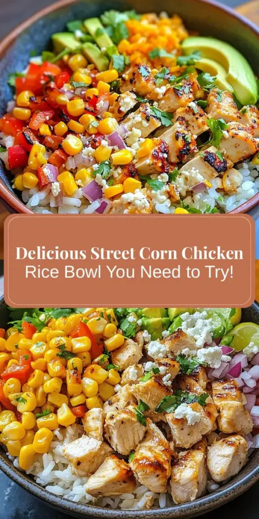 Discover the vibrant flavors of the Street Corn Chicken Rice Bowl, a delightful fusion dish inspired by beloved street food! Packed with tender chicken, sweet charred corn, and fluffy jasmine rice, this meal is not only delicious but also nutritious. Perfect for busy weeknights, it can be prepared in under 30 minutes. Elevate your dinner with this satisfying bowl that's full of fresh ingredients and bold tastes! #StreetCorn #ChickenRiceBowl #EasyRecipes #HealthyEating #Foodie #FusionCuisine #QuickMeals #DinnerInspo #YummyFood