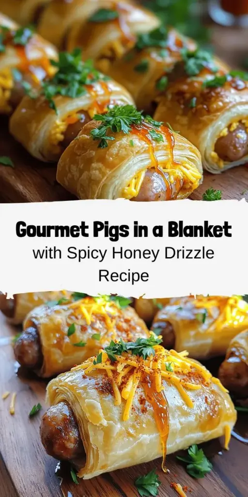 Elevate your appetizer game with these Gourmet Pigs In A Blanket, featuring flaky puff pastry and savory mini sausages, perfectly complemented by a spicy honey drizzle. This sophisticated spin on a classic dish is ideal for any gathering—be it a party, holiday, or game day. Impress your guests with the delightful combination of flavors and textures that will leave everyone asking for more! #PigsInABlanket #Appetizers #PartyFood #GourmetRecipes #SweetAndSpicy #ComfortFood #CookingAtHome #RecipeInspiration