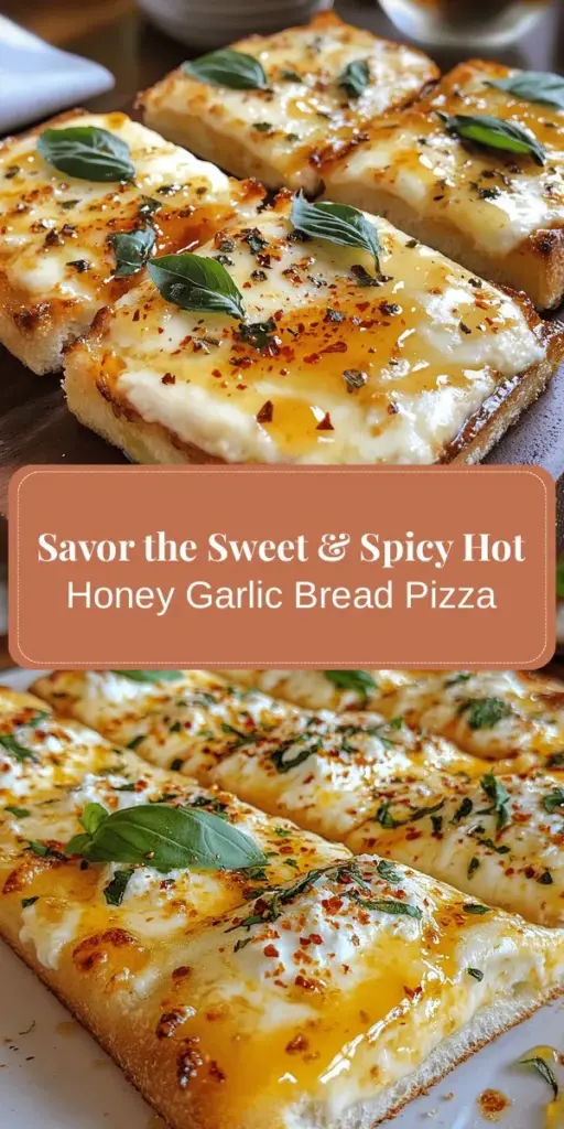 Indulge in the deliciousness of hot honey garlic bread pizza! This easy recipe combines the comforting flavors of garlic bread with the gooey goodness of pizza topped with mozzarella, ricotta, and a drizzle of sweet and spicy hot honey. Perfect for family dinners, game nights, or casual get-togethers, it's a customizable dish that promises to impress. Get ready to elevate your pizza game! #PizzaRecipe #EasyDinner #HoneyGarlicPizza #Foodie #ComfortFood #HomemadePizza