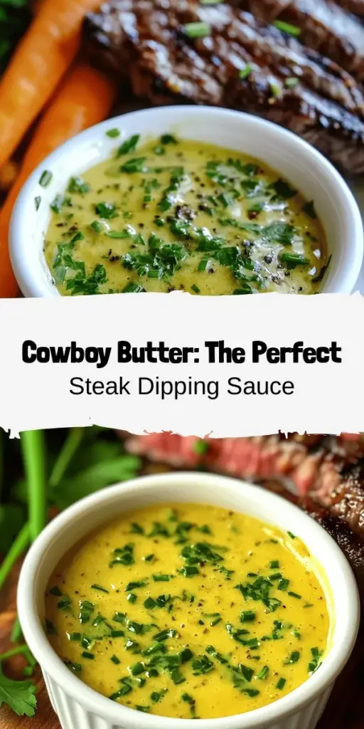 Elevate your steak game with Cowboy Butter Steak Dipping Sauce! This rich and creamy condiment blends unsalted butter, fresh herbs, garlic, tangy Dijon mustard, and zesty spices for a flavor explosion. Perfect for grilled meats, veggies, or even seafood, Cowboy Butter is a versatile addition to any meal. Easy to make and packed with taste, it's sure to impress your guests and enhance your BBQ experience. Try it today! #CowboyButter #SteakDippingSauce #Grilling #BBQ #FlavorfulCooking #SteakLovers #EasyRecipes