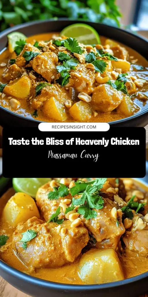 Dive into the delicious world of Heavenly Chicken Massaman Curry, a rich and creamy dish that marries Thai, Indian, and Persian flavors. Experience a culinary journey with its tender chicken, aromatic spices, and creamy coconut milk that warms the soul. Learn about the history, key ingredients, and step-by-step instructions to impress your loved ones with this comforting meal. Explore and adapt the recipe for a unique taste! #MassamanCurry #ThaiCuisine #ComfortFood #CookingAtHome #CurryLovers #FoodieAdventures