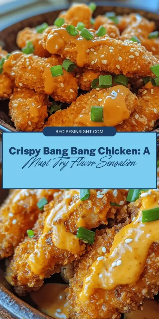 Discover the irresistible Crispy Bang Bang Chicken, where flavor meets crunch! This mouthwatering dish features golden-fried chicken coated in a creamy, spicy sauce that will awaken your taste buds. Perfect as a main course or a crowd-pleasing appetizer, it's a delicious fusion of traditional Chinese flavors reimagined. Gather your ingredients and follow our simple steps for an unforgettable meal everyone will love! #BangBangChicken #CrispyChicken #ChickenRecipe #DeliciousFood #FoodieFavorites #ComfortFood #HomeCooking #RecipeIdeas