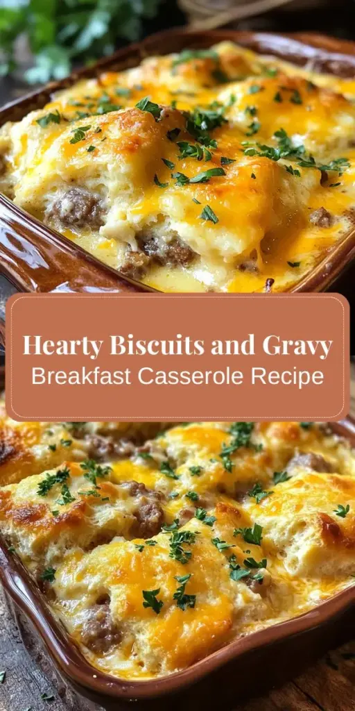 Start your day on a delicious note with this Easy Biscuits and Gravy Breakfast Casserole! This comforting dish layers flaky biscuits with savory breakfast sausage, creamy custard, and melted cheddar cheese, making it perfect for family gatherings or weekend brunches. Simple to prepare and bursting with flavor, it's a meal everyone will love. Dive into this recipe now and make your breakfast a delightful experience! #BreakfastCasserole #ComfortFood #BiscuitsAndGravy #BrunchIdeas #EasyRecipes