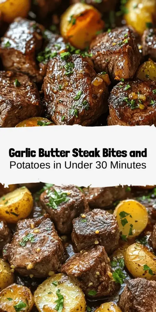 Satisfy your cravings with this delicious Garlic Butter Steak Bites and Potatoes recipe! Tender steak bites are perfectly seared and combined with crispy baby potatoes in a rich garlic butter sauce. This dish is versatile enough for weeknight dinners or special occasions, taking just 30 minutes to prepare. Perfectly seasoned with fresh herbs, it's sure to become a family favorite. Enjoy a comforting, indulgent meal tonight! #SteakBites #ComfortFood #GarlicButter #EasyRecipes #Foodie #DinnerIdeas