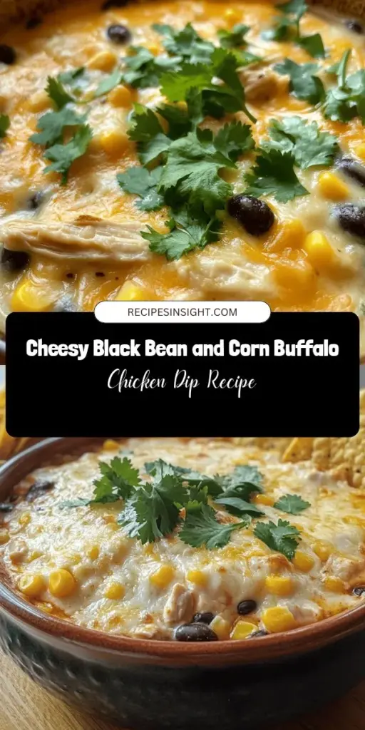 Spice up your next gathering with this Cheesy Black Bean & Corn Buffalo Chicken Dip! This creamy, flavorful appetizer combines shredded chicken, black beans, sweet corn, and a kick of buffalo sauce for a unique twist on the classic favorite. Perfect with chips, veggies, or crackers, it's easy to make and sure to please any crowd. Try it out and make your parties unforgettable! #BuffaloChickenDip #Appetizers #PartyFood #CheesyDip #ComfortFood