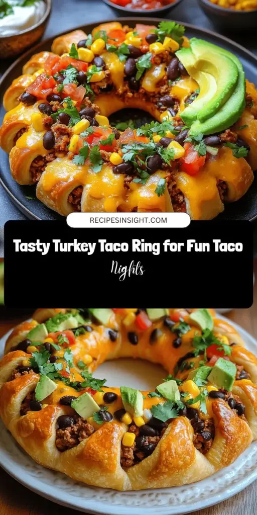 Elevate your taco night with this scrumptious Turkey Taco Ring, a fun twist that wraps flavorful ground turkey and taco seasoning in flaky crescent roll dough. Perfect for family dinners or gatherings, it's a crowd-pleaser that's easy to customize with your favorite toppings. Serve it with fresh salsa and avocado for a delicious finish. Discover the joy of this visually stunning dish that transforms a classic into something extraordinary! #TurkeyTacoRing #TacoNight #EasyRecipes #FamilyDinner #Foodie #CookingIdeas #MealPrep