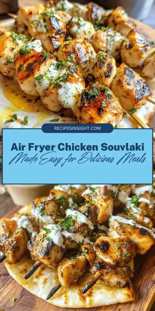 Discover a delicious twist on a classic with Air Fryer Chicken Souvlaki! This beloved Greek dish features marinated chicken cooked to juicy perfection, all while using less oil for a healthier meal. Perfect for busy weeknights, this recipe is quick and easy to make, allowing you to enjoy authentic Mediterranean flavors at home. Serve it in pita with fresh veggies and tzatziki for a complete experience! #ChickenSouvlaki #AirFryerRecipes #MediterraneanFood #GreekCuisine #HealthyEating #QuickDinnerIdeas