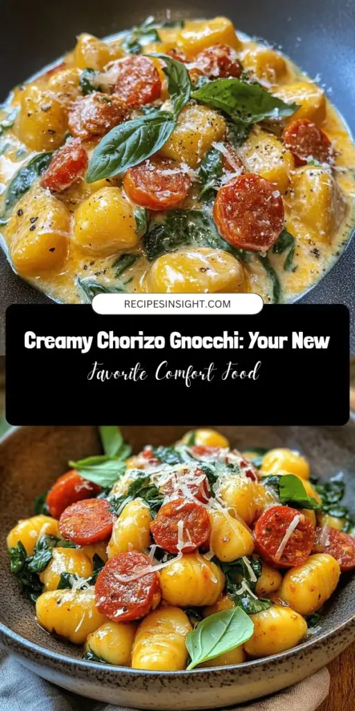 Indulge in the comforting flavors of creamy chorizo gnocchi! This delicious dish features soft, pillowy gnocchi tossed in a rich cream sauce with smoky chorizo, fresh spinach, and juicy cherry tomatoes. Perfect for a quick weeknight dinner or a special occasion, this recipe is both simple and satisfying. Treat yourself to a meal that blends classic Italian comfort with bold, flavorful ingredients. Give it a try! #Gnocchi #Chorizo #ComfortFood #EasyRecipes #Foodie #DeliciousDinner