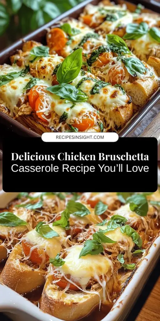 Discover the mouthwatering delight of Chicken Bruschetta Casserole, a perfect blend of comfort and Italian flavors. This easy-to-make dish features tender chicken, fresh tomatoes, aromatic herbs, and cheesy goodness, making it ideal for family dinners or gatherings. Packed with nutrition, it’s a complete meal in one. Get ready to impress your loved ones! Try this flavorful casserole that’s simple to prepare and utterly satisfying. #ChickenCasserole #ItalianCuisine #ComfortFood #RecipeIdeas #FamilyMeals #HealthyEating