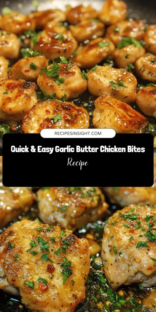 Looking for a quick and delicious dinner idea? Try Garlic Butter Chicken Bites! This recipe features tender chicken coated in rich garlic butter and fresh herbs, perfect for busy weeknights. With just 10 minutes of prep and 20 minutes of cook time, it's an effortless yet flavorful meal. Pair it with rice or a fresh salad for a balanced dish. Get ready to impress with this irresistible recipe! #GarlicButterChicken #QuickDinner #EasyRecipe #ChickenBites #FamilyMeals