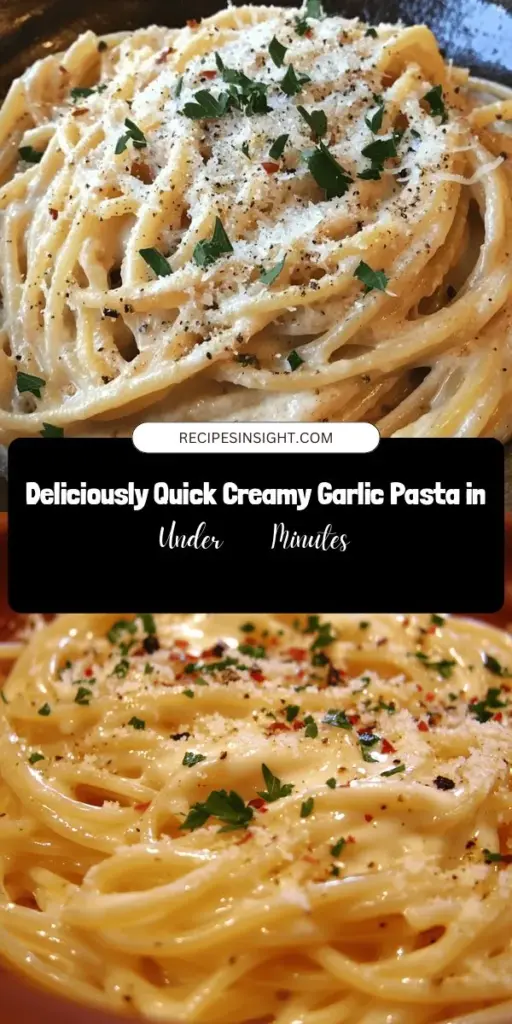 Indulge in the creamy goodness of Quick and Creamy Garlic Pasta, a delicious dish perfect for busy weeknights or special occasions. With simple ingredients like fresh garlic, butter, heavy cream, and Parmesan cheese, this meal comes together in under 30 minutes! Customize it with your favorite pasta and add-ins for a delightful twist. Get ready to impress your family and friends! #GarlicPasta #EasyDinner #ComfortFood #QuickRecipes #PastaLovers #CookingAtHome