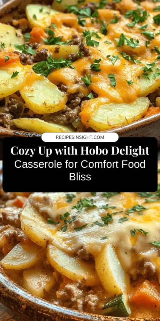 Discover the warmth of Hobo Delight Casserole, a comforting meal that brings families together. This easy-to-make dish combines savory ground beef, wholesome vegetables, and creamy mushroom soup, topped with melted cheddar cheese. Perfect for busy weeknights or gatherings, it's delicious, nutritious, and a one-dish wonder! Dive into a nostalgic taste of home cooking that everyone will love. #ComfortFood #Casserole #EasyRecipes #HoboDelight #DinnerInspiration #FamilyMeals #Foodie