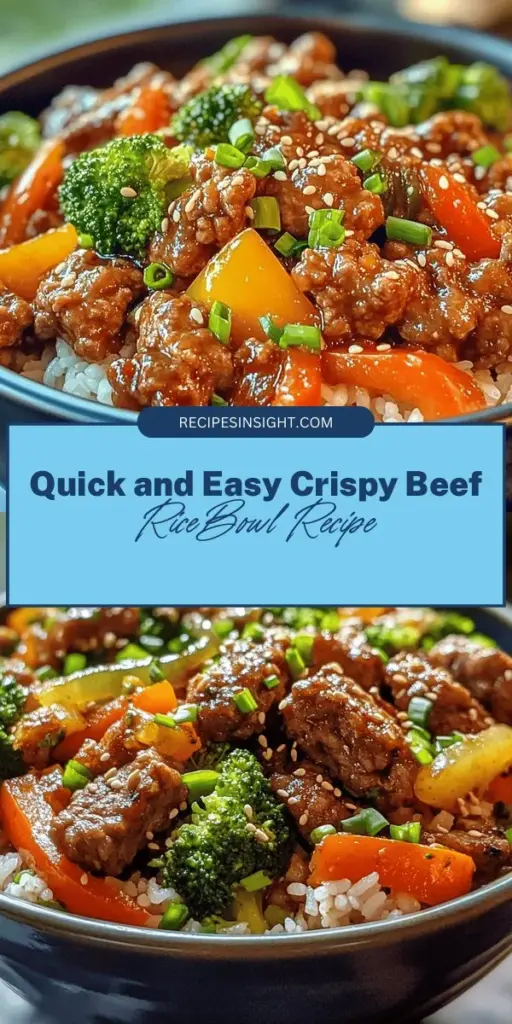 Discover the ultimate Crispy Beef Rice Bowl recipe that's perfect for busy nights! This easy dish combines savory ground beef, vibrant vegetables, and fluffy jasmine rice for a meal that's both delicious and nutritious. Packed with protein and fiber, it's a tasteful addition to your dinner rotation. Customize with your favorite protein or veggies for a personalized twist! Check out the full recipe now! #CrispyBeefRiceBowl #EasyDinner #HealthyEating #RecipeIdeas #CookingAtHome