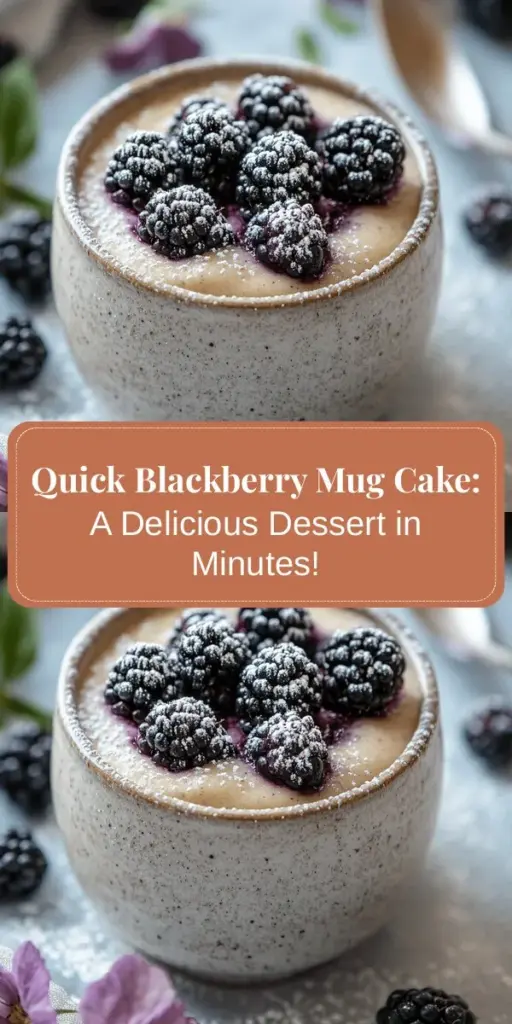 Treat yourself to a delicious blackberry mug cake that’s quick and easy to make! Perfect for late-night cravings or spontaneous gatherings, this single-serving dessert is packed with fruity goodness and can be whipped up in minutes. With simple ingredients and minimal cleanup required, it’s the ultimate indulgence without the fuss. Try it today and enjoy a warm, fluffy treat topped with fresh blackberries! #MugCake #BlackberryDessert #QuickDesserts #BakingAtHome #EasyRecipes #DessertInAMug #SweetTooth