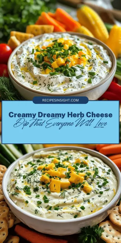 Looking for the perfect appetizer? Try this Creamy Dreamy Herb Cheese Dip! With luscious cream cheese, tangy Greek yogurt, and a blend of fresh herbs, this dip is both delicious and easy to make. Pair it with crunchy veggies or crackers for a crowd-pleasing treat. Perfect for game days and celebrations, this guilt-free dip is a must-try! Elevate your gatherings with this delightful recipe. #CheeseDip #Appetizer #GameDaySnacks #PartyFood #HealthyEating #HerbDip #SnackIdeas #Yummy