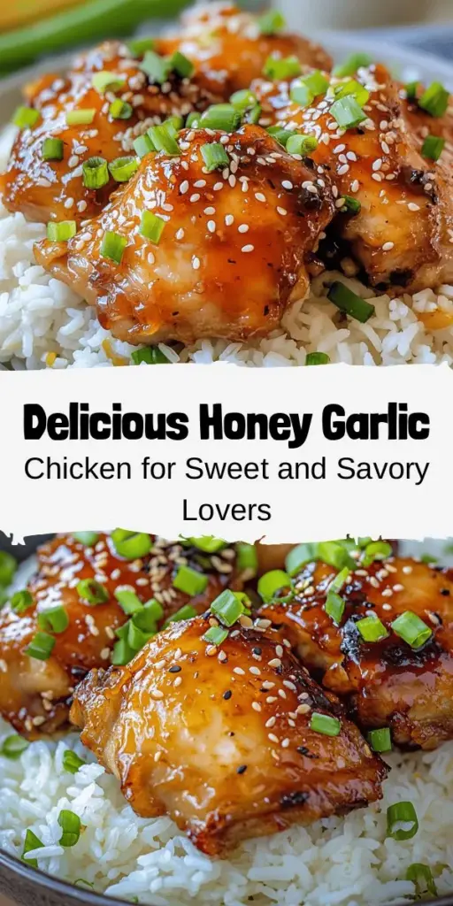 Discover the deliciousness of Sweet & Savory Honey Garlic Chicken! This recipe is all about balancing the rich sweetness of honey with the savory depth of soy sauce, enhanced by garlic and ginger. Perfect for family gatherings or weeknight dinners, it's easy to make and packed with flavor. Try it tonight and enjoy a taste sensation that will leave everyone coming back for more! #HoneyGarlicChicken #EasyDinner #ComfortFood #CulinaryDelights #HealthyEats #ChickenRecipes