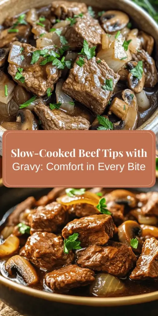 Discover the mouthwatering delight of Savory Slow-Cooked Beef Tips with Rich Gravy! This comforting dish features tender beef tips immersed in rich gravy, enhanced by aromatic herbs, sautéed onions, and mushrooms. Perfect for family dinners or cozy nights in, this easy slow-cooker recipe allows you to enjoy a hearty meal with minimal effort. Serve it over mashed potatoes, rice, or egg noodles for a complete experience. #SlowCooker #ComfortFood #BeefTips #CozyMeals #RecipeIdeas