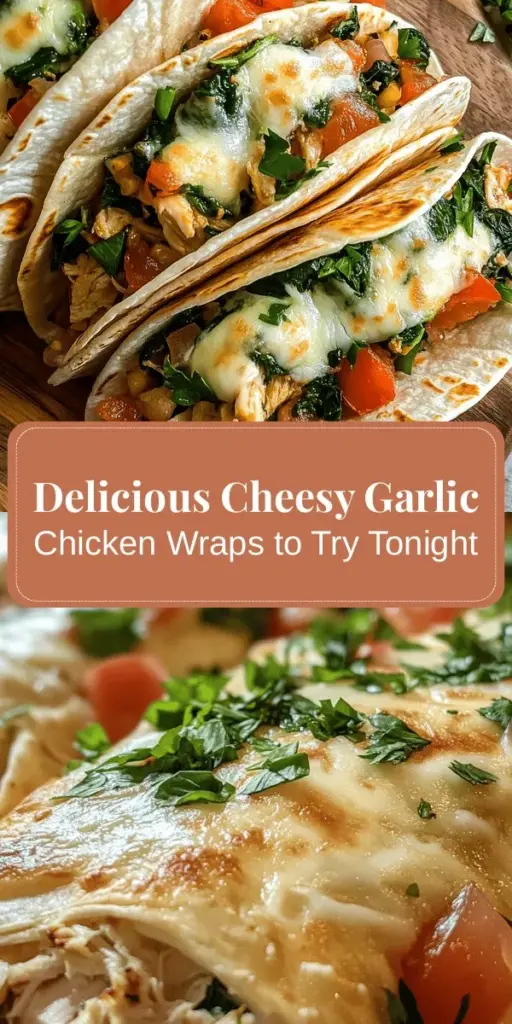 Discover the irresistible flavors of Cheesy Garlic Chicken Wraps! This easy-to-make recipe features tender chicken enveloped in a creamy, cheesy filling, all wrapped in a soft tortilla. Perfect for family dinners or casual gatherings, these wraps are packed with nutrition from fresh spinach and tomatoes. Customize with your favorite ingredients for a delightful twist. Try them today for a meal everyone will love! #CheesyGarlicChicken #WrapRecipe #EasyMeals #ComfortFood #CookingAtHome