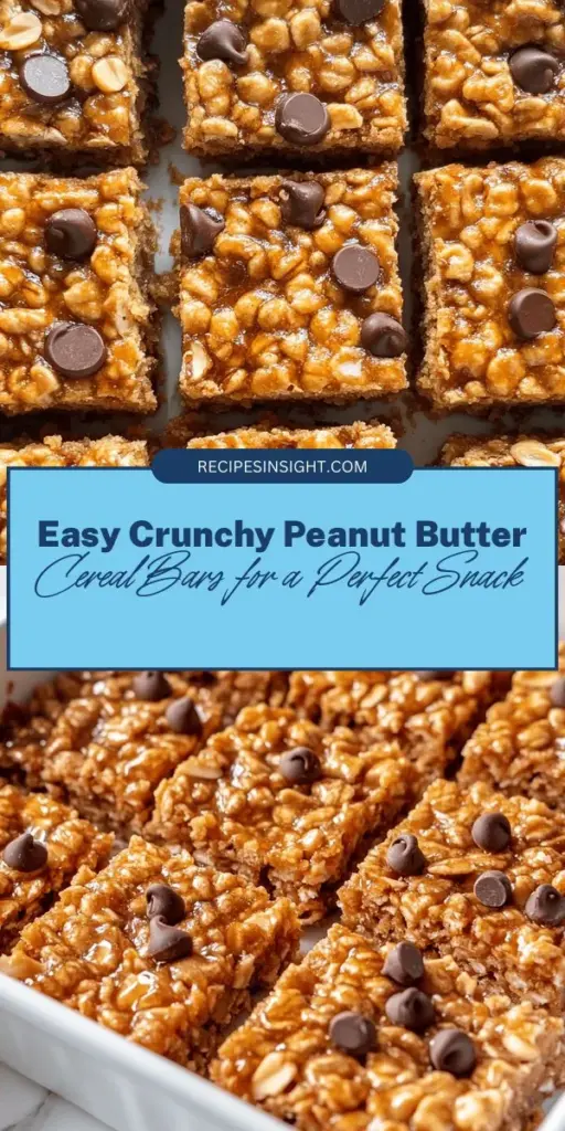 Discover the perfect snack with these Crunchy Peanut Butter Cereal Bar Treats! Easy to make and packed with wholesome ingredients, they combine the rich flavor of peanut butter with the satisfying crunch of cereal. Whether for kids' lunchboxes or a quick adult pick-me-up, these bars provide a delicious energy boost. Plus, they're customizable with optional add-ins like chocolate chips or nuts. Try making these nutritious treats today! #PeanutButterBars #SnackIdeas #HealthySnacks #EasyRecipes #HomemadeTreats #CerealBars