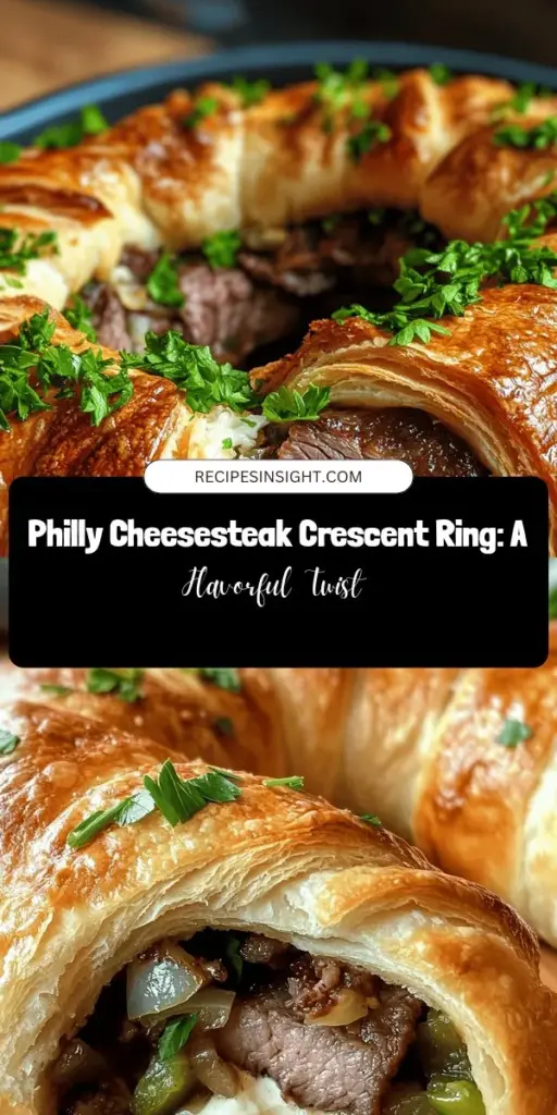 Discover the mouthwatering Philly Cheesesteak Crescent Ring, where classic flavors meet modern convenience! This easy-to-make dish combines tender flank steak, melted provolone, and sautéed veggies, all wrapped in flaky crescent roll dough. Perfect for family dinners or game day snacks, it promises a savory, shareable experience that everyone will love. Try it out for your next gathering! #PhillyCheesesteak #CrescentRing #ComfortFood #EasyRecipes #FoodieFun