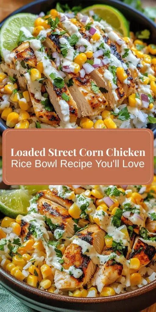 Dive into the deliciousness of the Loaded Street Corn Chicken Rice Bowl, where Mexican street corn meets tender grilled chicken over fluffy jasmine rice. This flavorful fusion dish is perfect for busy weeknights or meal prepping, topped with creamy cotija cheese and a tangy mayonnaise dressing. It's easy to customize with spices and fresh herbs. Satisfy your cravings with this vibrant, hearty bowl! #RiceBowl #StreetCorn #FusionCuisine #EasyRecipes #MealPrep