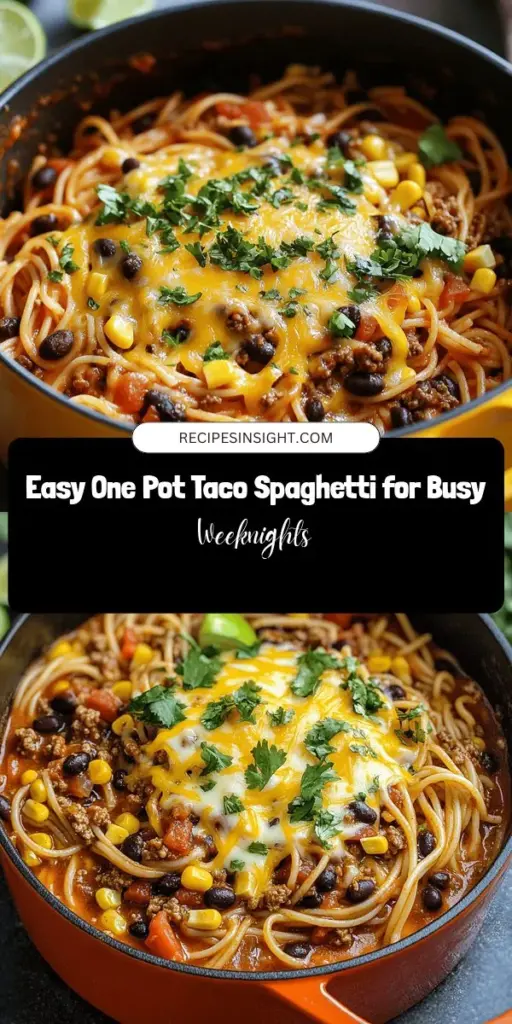 Looking for a quick and delicious dinner option? Try this One Pot Taco Spaghetti! Combining the flavors of tacos with comforting spaghetti, it’s a family favorite that's easy to make in just one pot. With savory meat, diced tomatoes, black beans, and melted cheese all cooked together, this dish is bursting with flavor. Plus, cleanup is a breeze! Customize it to your taste preferences and enjoy a satisfying meal any night of the week. #OnePotMeals #TacoSpaghetti #EasyDinner