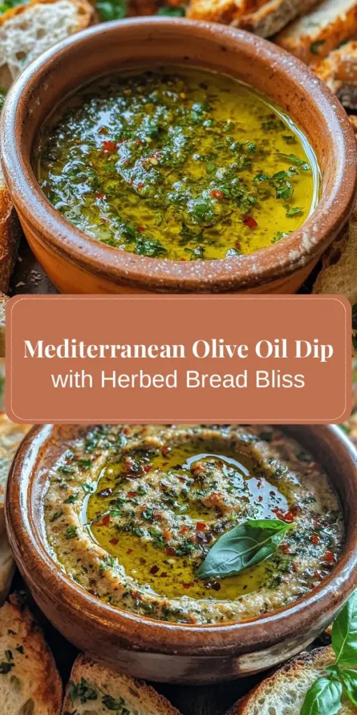 Discover the irresistible Mediterranean Olive Oil Dip paired with warm herbed bread, perfect for any occasion! This simple yet flavorful recipe combines high-quality extra virgin olive oil, balsamic vinegar, garlic, and fresh herbs for an unforgettable dipping experience. Serve it at your next get-together or enjoy a cozy night in with this delightful dish. Your taste buds will thank you! #MediterraneanCooking #OliveOilDip #HerbedBread #FoodieFavorites #AppetizerInspiration #HealthyEating #RecipeIdeas