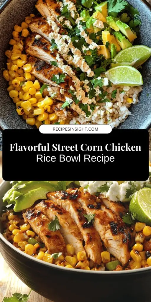 Experience the deliciousness of the Street Corn Chicken Rice Bowl, a perfect blend of flavors that captures the essence of vibrant street food. Tender chicken thighs are paired with sweet corn, creamy avocado, and zesty lime on a bed of fluffy rice. This dish is not only satisfying but also packed with nutrients, making it ideal for any meal. Discover how to create this delightful fusion at home! #StreetCorn #ChickenRiceBowl #HealthyEating #FusionCuisine #DeliciousRecipes #Foodie #ComfortFood