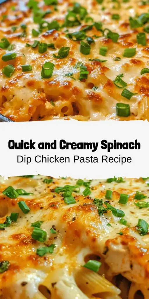 Experience comfort food like never before with Spinach Dip Chicken Pasta! This quick and creamy delight combines the best of both worlds—hearty pasta paired with the rich flavors of spinach dip, all ready in just 30 minutes. Perfect for weeknight dinners or impressing guests, this dish is versatile and easy to customize. Dive into a bowl of deliciousness packed with nutrients! #SpinachDip #ChickenPasta #ComfortFood #QuickRecipes #Foodie #DinnerIdeas #HealthyEating #PastaLove #EasyMeals