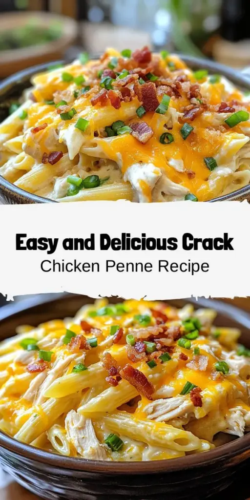 Indulge in the creamy goodness of Crack Chicken Penne, the perfect comfort food for busy weeknights! This quick and delicious recipe combines tender penne pasta, rotisserie chicken, and a rich cheese sauce that will leave everyone asking for seconds. With easy-to-find ingredients and step-by-step instructions, you'll have a hearty meal ready in no time. Try this recipe today, and elevate your dinner game! #CrackChickenPenne #ComfortFood #QuickMeals #PastaLove #FamilyDinner