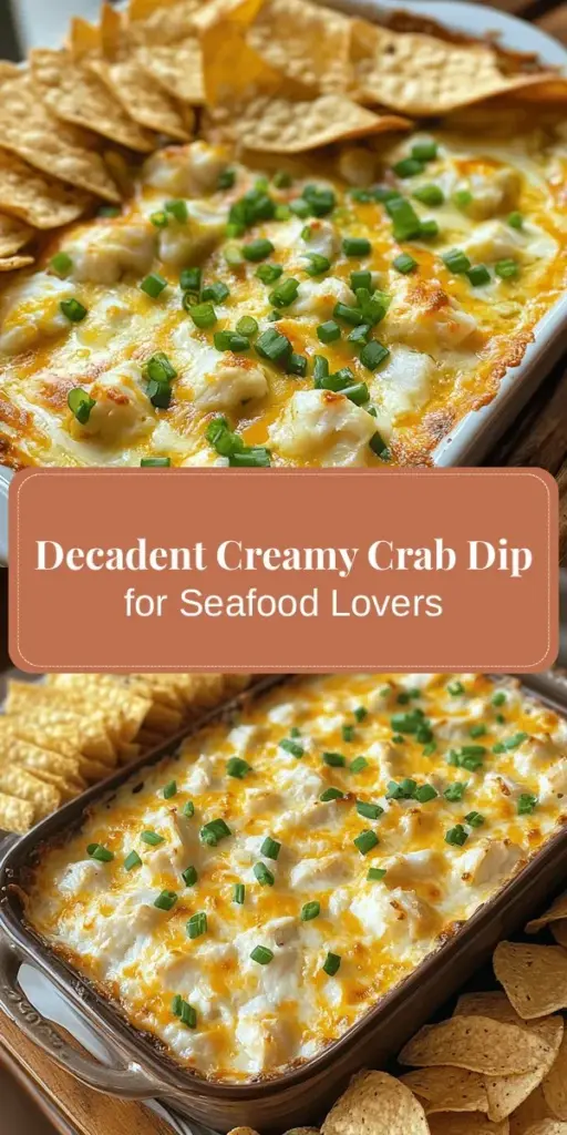 Dive into indulgence with the Creamy Crab Delight Dip, perfect for any gathering! This rich and creamy appetizer features sweet lump crab meat blended with flavorful cheeses, complementary spices, and a hint of tang. Simple to make and utterly delicious, it pairs well with tortilla chips, veggies, or bread. Elevate your next party or cozy night in with a seafood treat that everyone will love! #CrabDip #SeafoodAppetizer #PartyFood #ComfortFood #RecipeIdeas