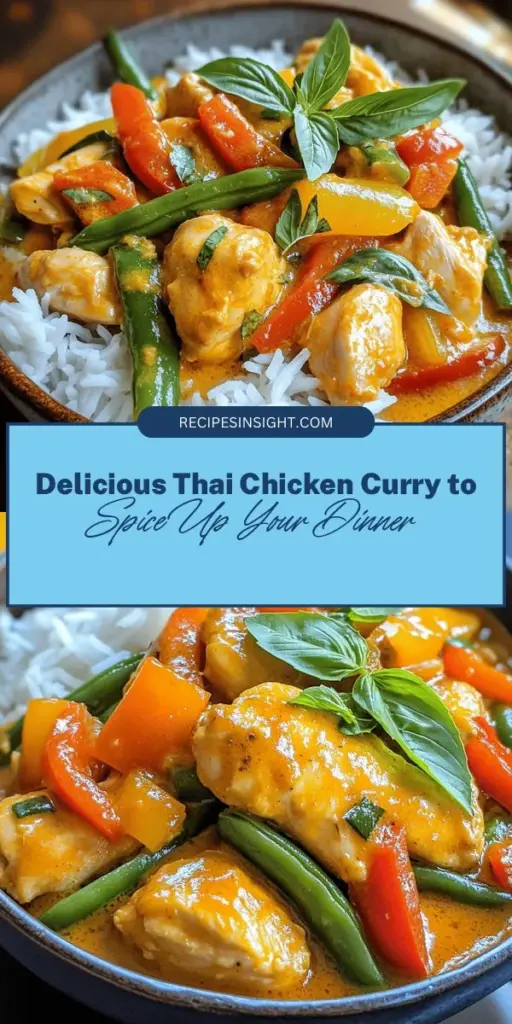 Experience the rich, aromatic flavors of Thailand with this easy Thai Chicken Curry recipe. Made with tender chicken thighs, creamy coconut milk, and vibrant vegetables, this dish is a perfect balance of sweet, salty, sour, and spicy. Whether it's a cozy dinner for two or a gathering with loved ones, this curry will transport your taste buds to Thailand. Dive into a culinary adventure and savor the deliciousness! #ThaiCuisine #ChickenCurry #CoconutMilk #Cooking #Foodie #RecipeIdeas #ComfortFood #GlobalFlavors