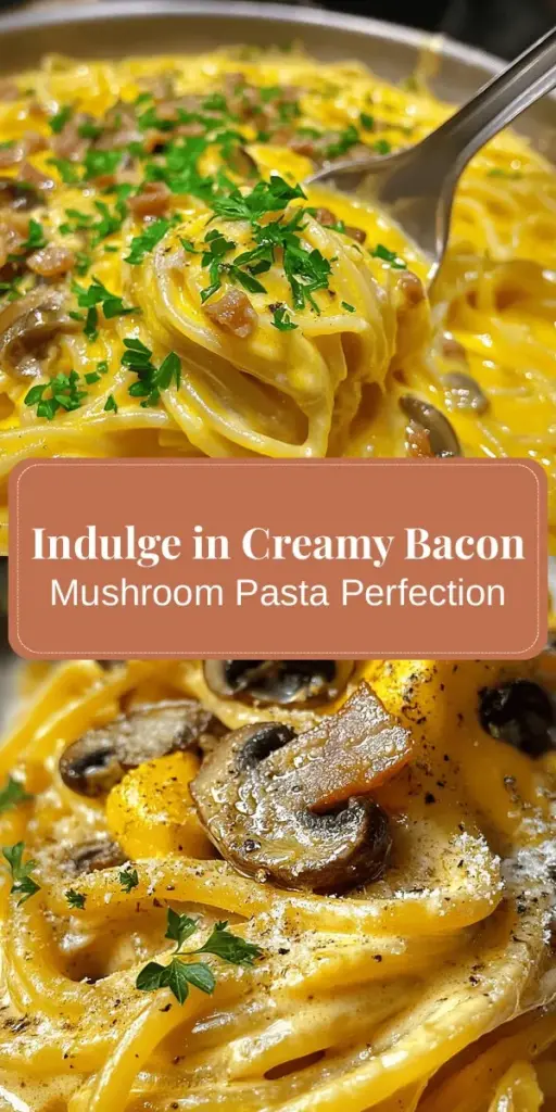 Indulge in the ultimate comfort food with this Creamy Bacon Mushroom Pasta recipe! Experience the harmony of crispy bacon, earthy mushrooms, and a rich creamy sauce that coats each strand of pasta perfectly. Ideal for weeknight dinners or special occasions, this dish promises to satisfy your cravings. Try it out and enjoy every delicious bite! #PastaLovers #ComfortFood #CreamyPasta #HomemadeGoodness #BaconMushroomPasta #DeliciousRecipes #FoodieFavorites