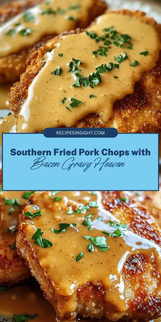 Experience the heartwarming taste of Southern comfort with Country Fried Pork Chops topped with rich Bacon Gravy! This classic dish celebrates home cooking and family gatherings, combining juicy, crispy pork chops with luscious gravy for a truly satisfying meal. Perfect for any occasion, every bite reminisces warmth and flavor. Get ready to impress your loved ones with this delightful recipe that’s sure to become a new favorite! #CountryFriedPorkChops #ComfortFood #SouthernCooking #BaconGravy #Recipes