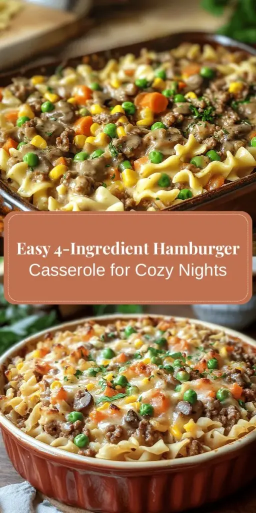 Discover the deliciousness of a homemade hamburger casserole with just four ingredients! This hearty dish is perfect for busy weeknights, delivering comforting flavors in less than an hour. With ground beef, cream of mushroom soup, frozen veggies, and egg noodles, it's a family-friendly meal that's easy to customize. Enjoy leftovers throughout the week or serve it at your next gathering. Try it tonight! #Casserole #ComfortFood #EasyRecipes #FamilyDinner #MealPrep #QuickMeals