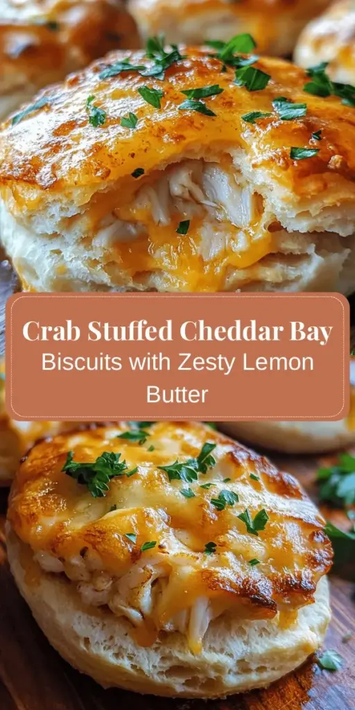 Indulge in the deliciousness of Crab Stuffed Cheddar Bay Biscuits with a zesty lemon butter sauce that perfectly balances flavors. These fluffy biscuits filled with sweet crab meat and sharp cheddar are an elegant appetizer or satisfying snack for any occasion. Easy to make and visually stunning, they’re sure to impress your guests. Discover the perfect blend of comfort and elegance with this recipe! #CrabBiscuits #CheddarBayBiscuits #SeafoodRecipe #BakingFun #Appetizers #Foodie