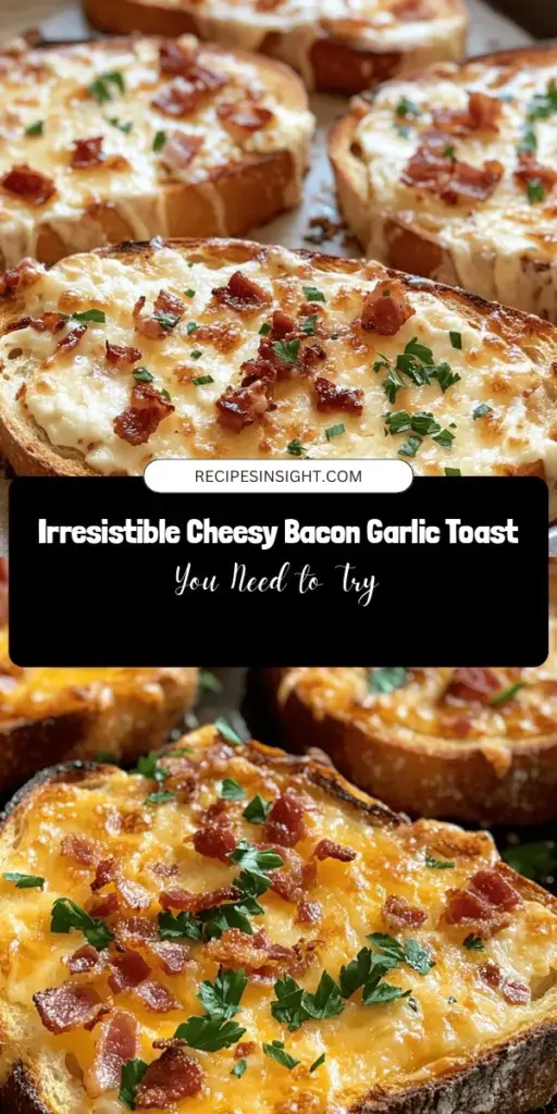 Indulge in the deliciousness of Cheesy Bacon Garlic Toast! This irresistible snack combines crispy bacon, gooey cheese, and aromatic garlic spread over perfectly toasted bread. Ideal for gatherings or cozy nights in, this easy recipe is sure to impress. Customize it with different breads and cheeses, plus explore vegetarian options. Your taste buds will thank you! Get ready to whip up this savory delight today! #CheesyBaconGarlicToast #Foodie #SnackIdeas #RecipeInspiration #ComfortFood