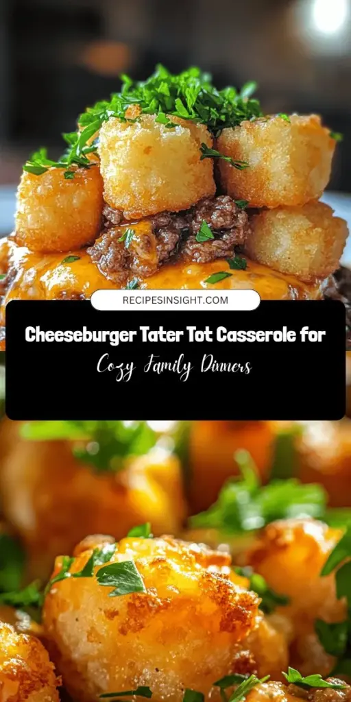 Savor the ultimate comfort food with our Cheeseburger Tater Tot Casserole! This easy and delicious one-dish meal combines ground beef, crispy tater tots, and creamy cheddar cheese for a dish that’s perfect for busy weeknights or family gatherings. Customize it to your taste with optional add-ins and enjoy a hearty, satisfying dinner that everyone will love. Check out this crowd-pleaser recipe now! #ComfortFood #Casserole #Cheeseburger #TaterTots #EasyRecipes #FamilyDinner