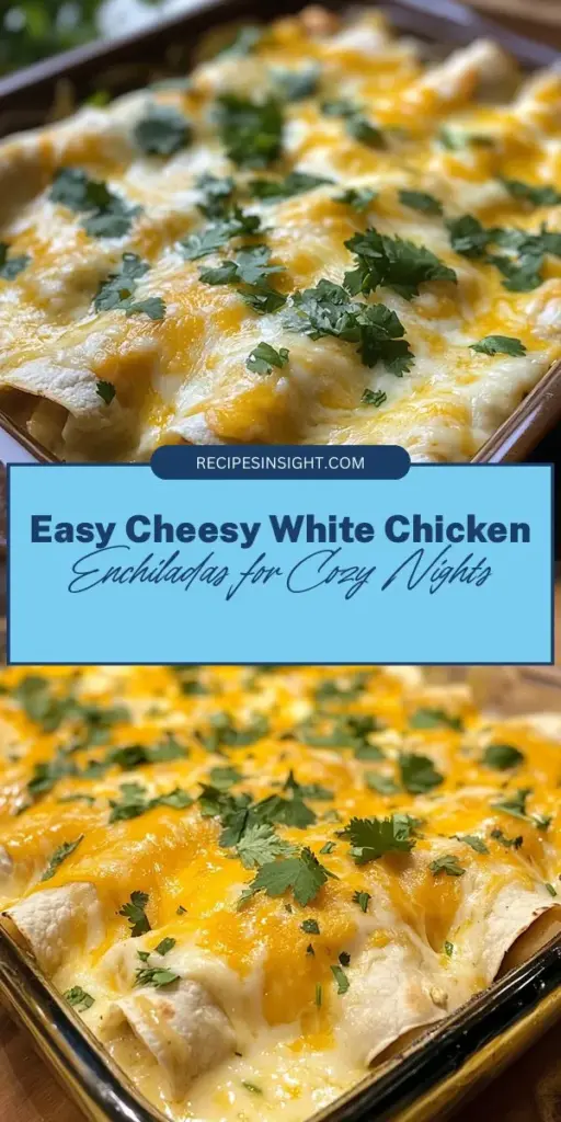 Discover the ultimate comfort food with this Cheesy White Chicken Enchiladas recipe! Bursting with creamy textures and savory flavors, these enchiladas are quick and easy to make, thanks to rotisserie chicken. Perfect for busy weeknights or special occasions, they bring the family together around the dinner table. With gooey Monterey Jack cheese and a delicious white sauce, each bite is simply irresistible. Give it a try! #Enchiladas #ComfortFood #DinnerIdeas #ChickenRecipes #CheesyGoodness