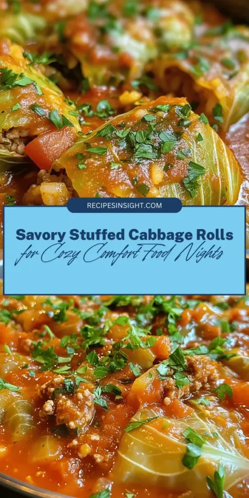 Discover the heartwarming comfort of Savory Stuffed Cabbage Rolls, a beloved dish with rich historical roots and incredible nutritional benefits. Perfect for family gatherings or cozy nights in, this step-by-step guide walks you through making tender cabbage leaves filled with savory meat and rice, all enjoyed in a delicious tomato sauce. Try this comforting recipe and bring a taste of tradition to your table! #CabbageRolls #ComfortFood #HealthyEating #HomemadeCooking #FamilyRecipes #MealPrep #Foodie