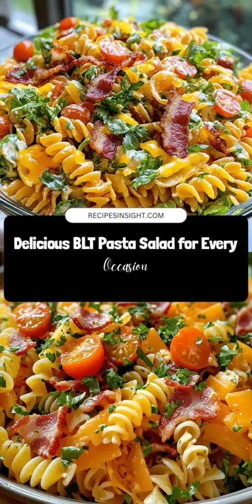 Dive into the delicious world of BLT Pasta Salad, a refreshing twist on the classic sandwich! This easy-to-make dish combines crispy bacon, juicy cherry tomatoes, and crunchy romaine with rotini pasta, all tied together with a creamy dressing. Perfect for summer barbecues, picnics, or quick dinners, it’s sure to impress. Take your gatherings to the next level with this flavorful salad that’s a hit every time! #BLTPastaSalad #PastaSalad #SummerRecipes #EasyDinner #PicnicFood #YummyFood #ComfortFood