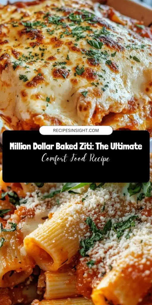 Discover the joy of Million Dollar Baked Ziti, a delightful comfort food that layers creamy ricotta, tangy marinara, and gooey mozzarella. Perfect for family dinners, potlucks, or any gathering, this hearty dish brings a taste of tradition and warmth to the table. Learn the secrets to perfecting this classic recipe and explore variations to suit all dietary preferences. Dive into this delicious pasta bake that promises to become a family favorite! #BakedZiti #ComfortFood #PastaLovers #FamilyRecipes #ItalianFood #CheesyDelight